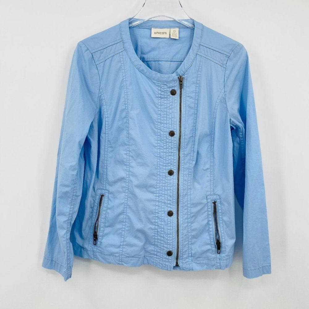 Chico's Size 0 Small Blue Long Sleeve Zip Up Lightweight Utility Jacket Casual